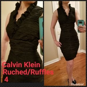 Calvin Klein Black Ruched Ruffle Cocktail Dress